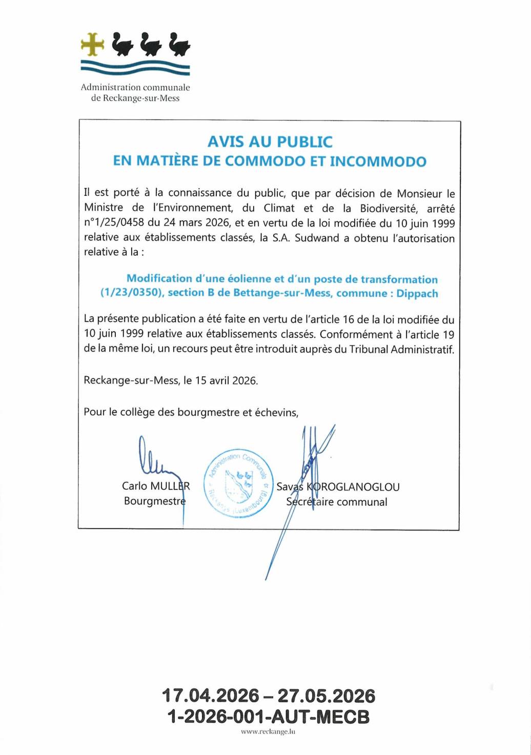 Autorisation: modification d'une éolienne à Dippach