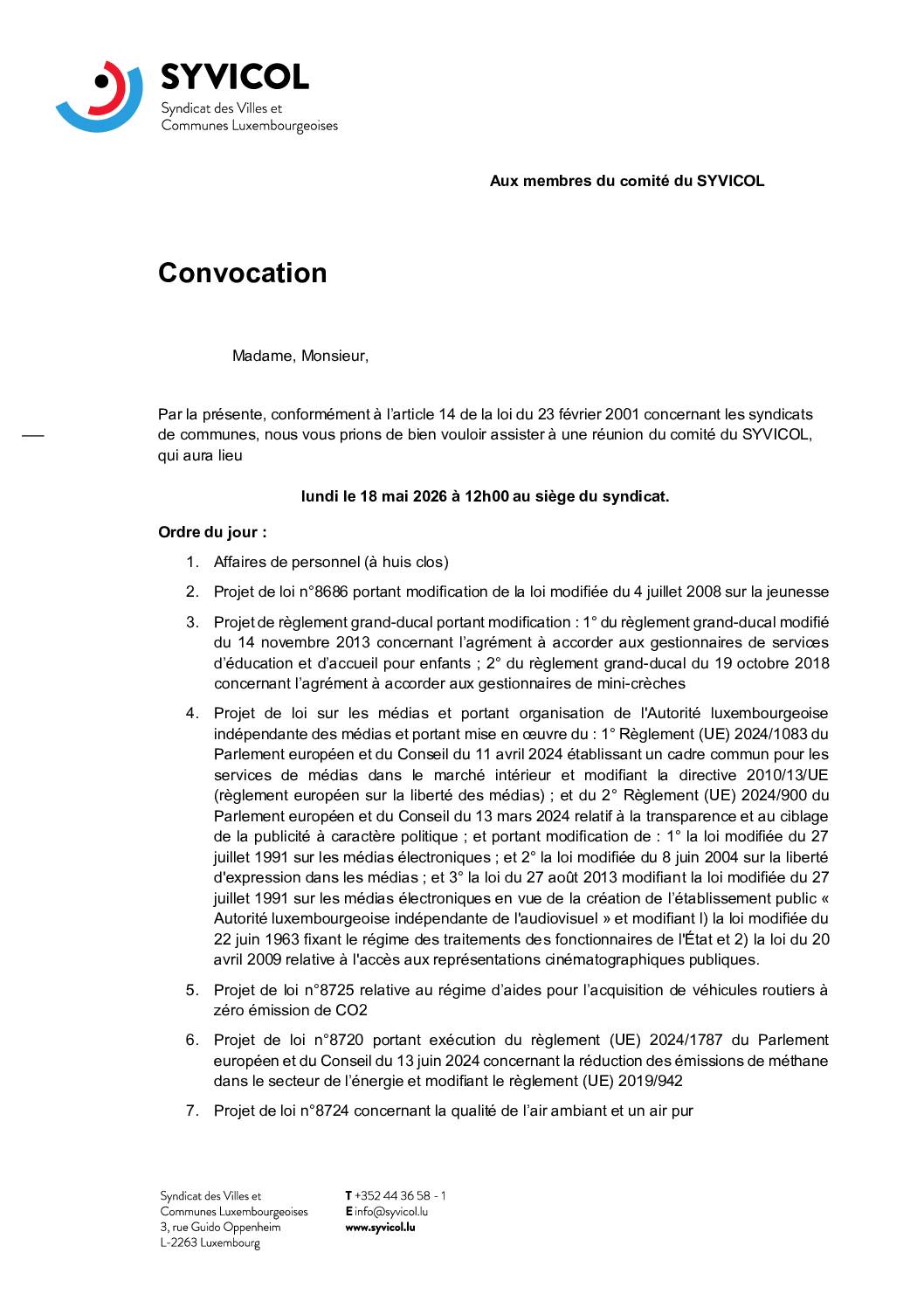 Convocation à la réunion du comité du SYVICOL – 18.05.2026