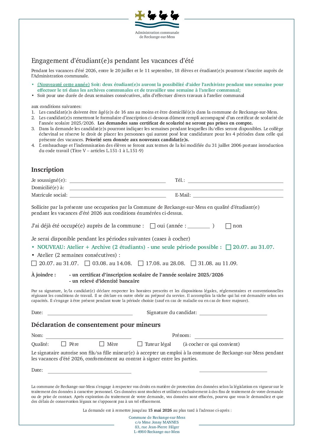 Formulaire - Engagement d'étudiant(e)s pendant les vacances d'été 2026