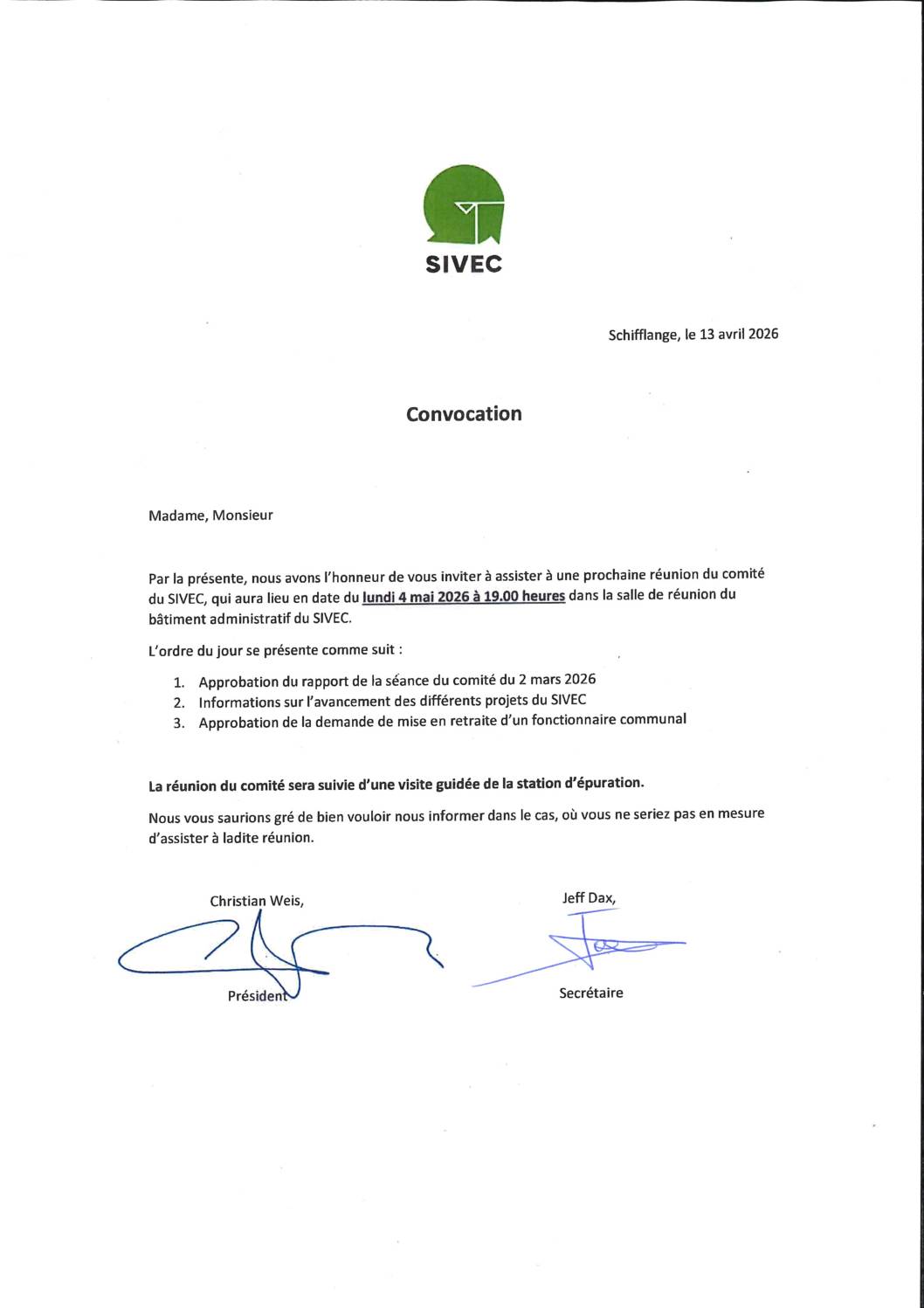 Réunion du comité du SIVEC – 04.05.2026