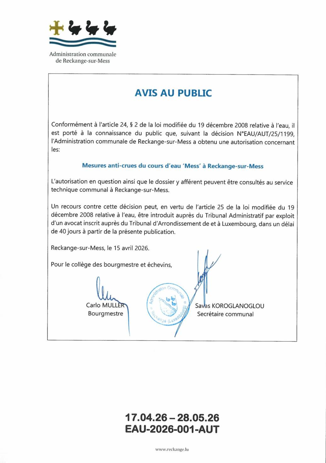 Autorisation: mesures anti-crues du cours d'eau 'Mess' à Reckange-sur-Mess