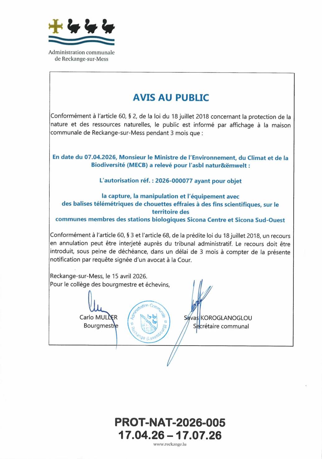 Autorisation: chouettes effraies