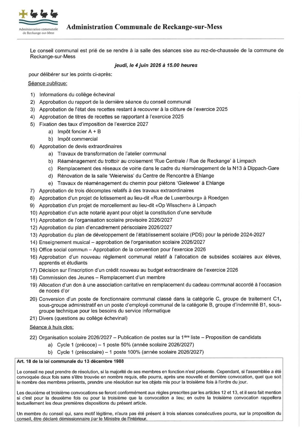 Convocation à la séance publique du conseil communal – 04.06.2026