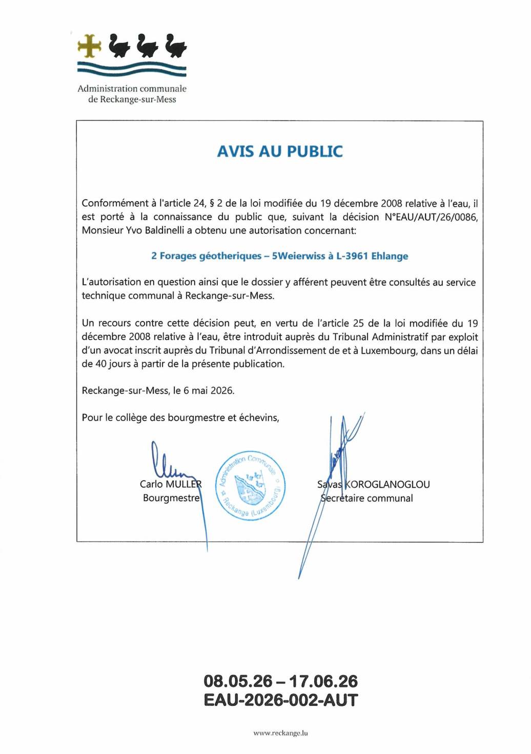 Autorisation: 2 forages géothermiques