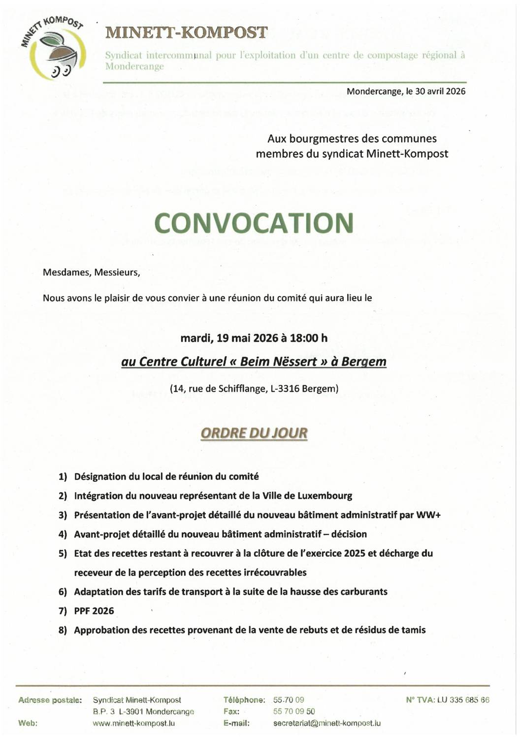 Convocation à la réunion du comité du Minett-Kompost – 19.05.2026