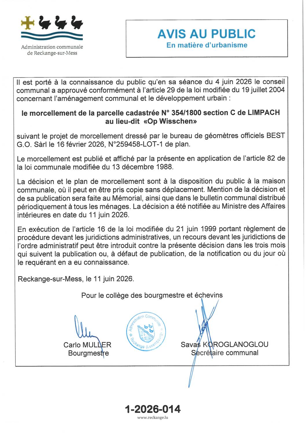 Avis au public 01-2026-014 - le morcellement de la parcelle cadastrée N° 354/1800 section C de LIMPACH au lieu-dit  «Op Wisschen»