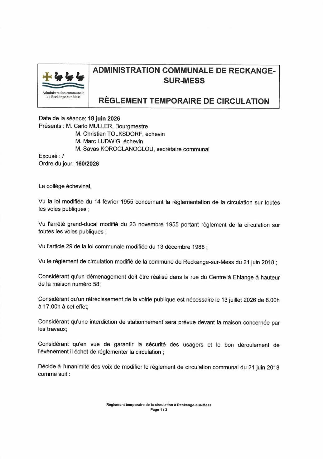 Règlement temporaire de la circulation: rue du Centre à Ehlange