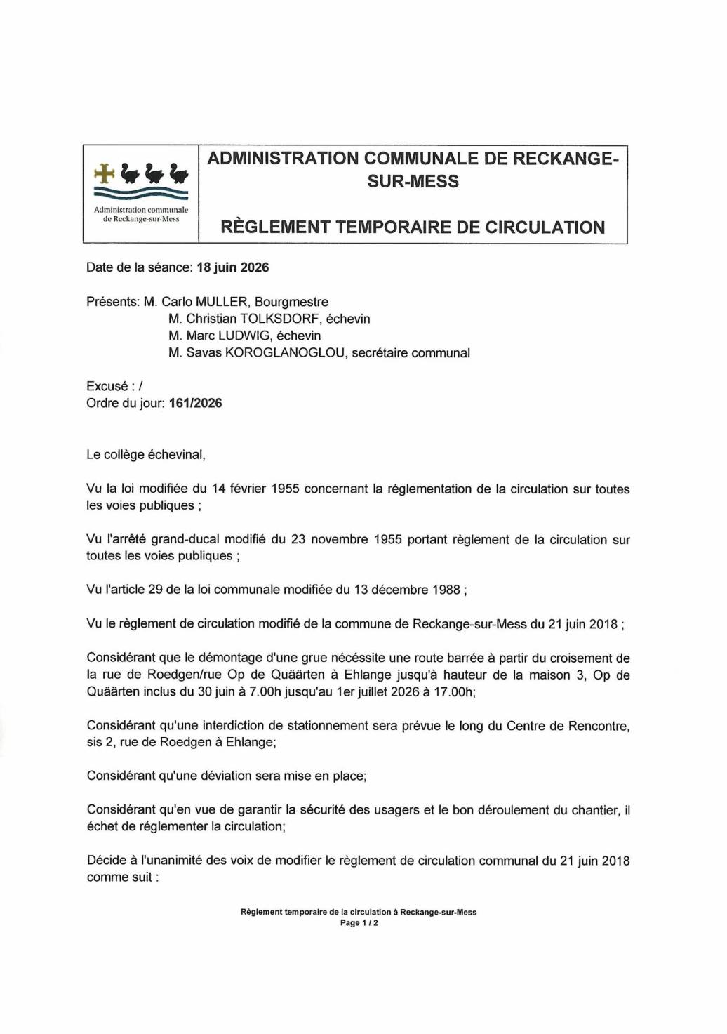 Règlement temporaire de la circulation: rue ‘Op de Quäärten’ à Ehlange