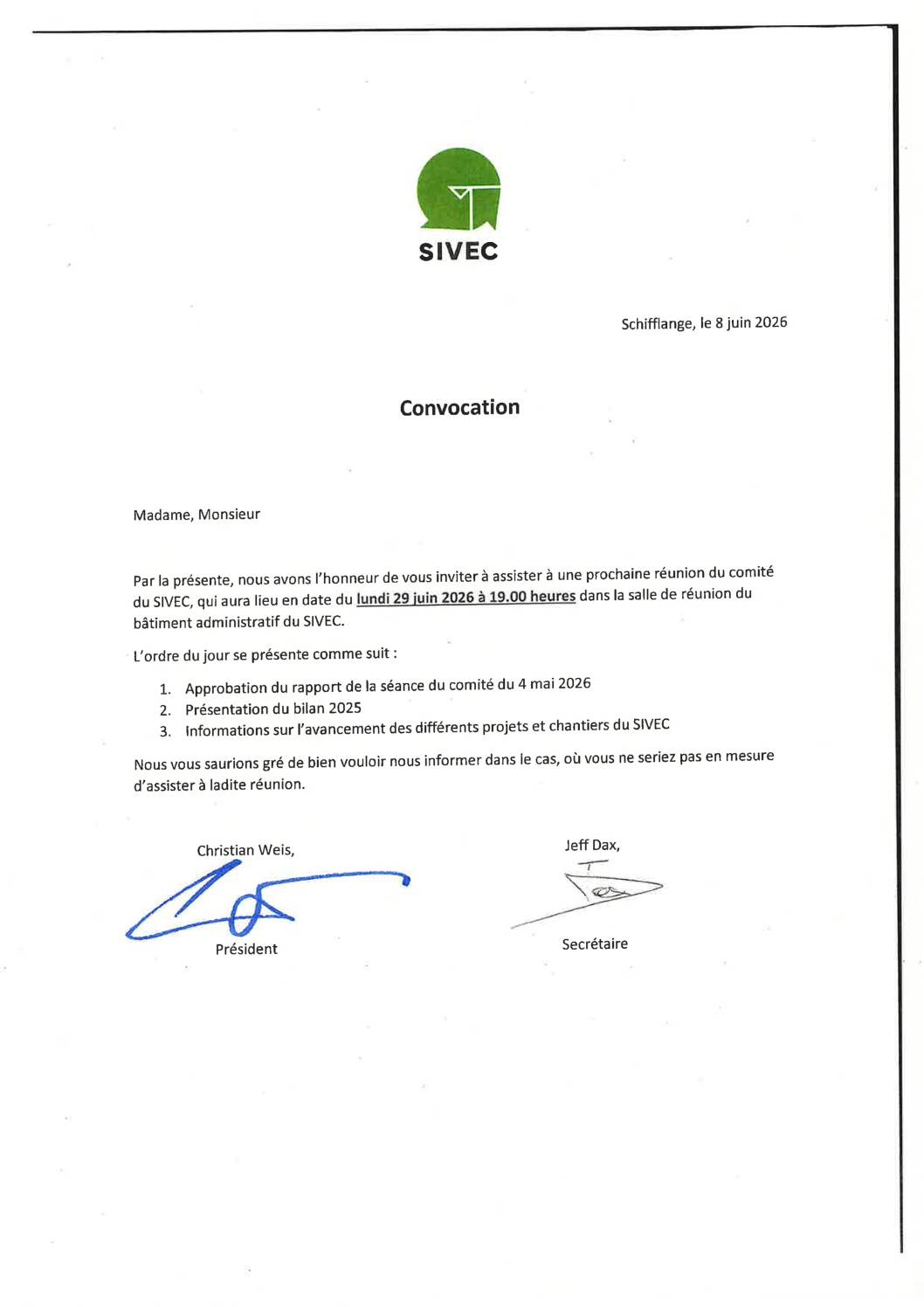 Réunion du comité du SIVEC – 29.06.2026