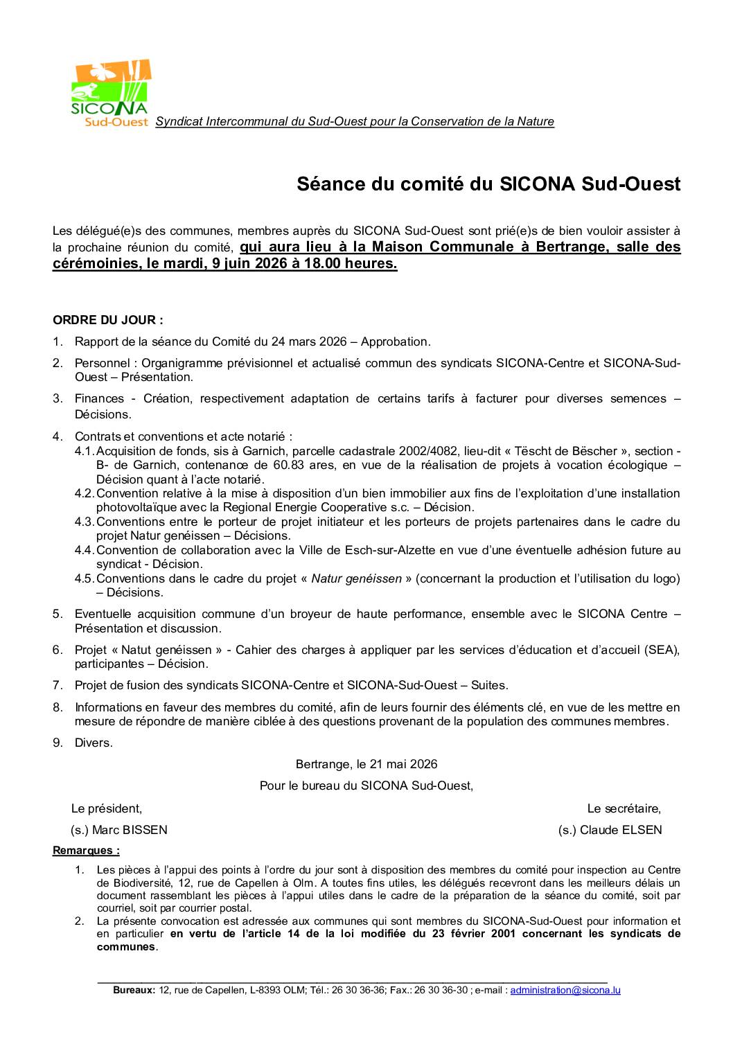 Convocation à la réunion du comité du SICONA - 09.06.2026