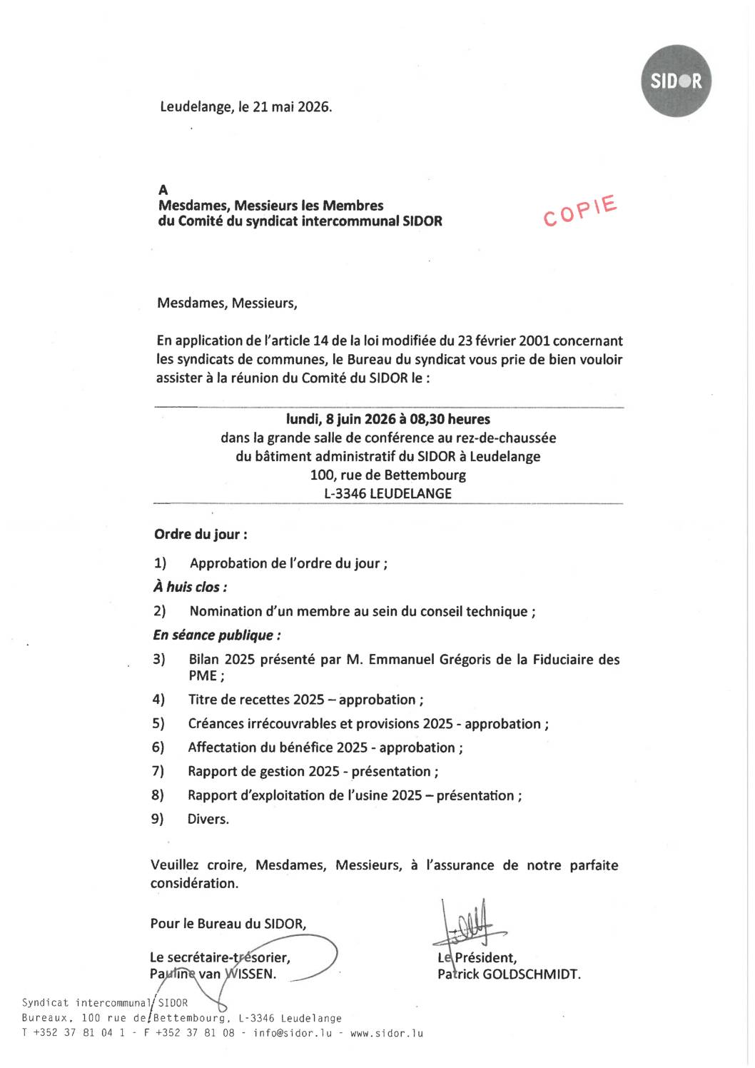 Convocation à la réunion du comité du SIDOR – 08.06.2026