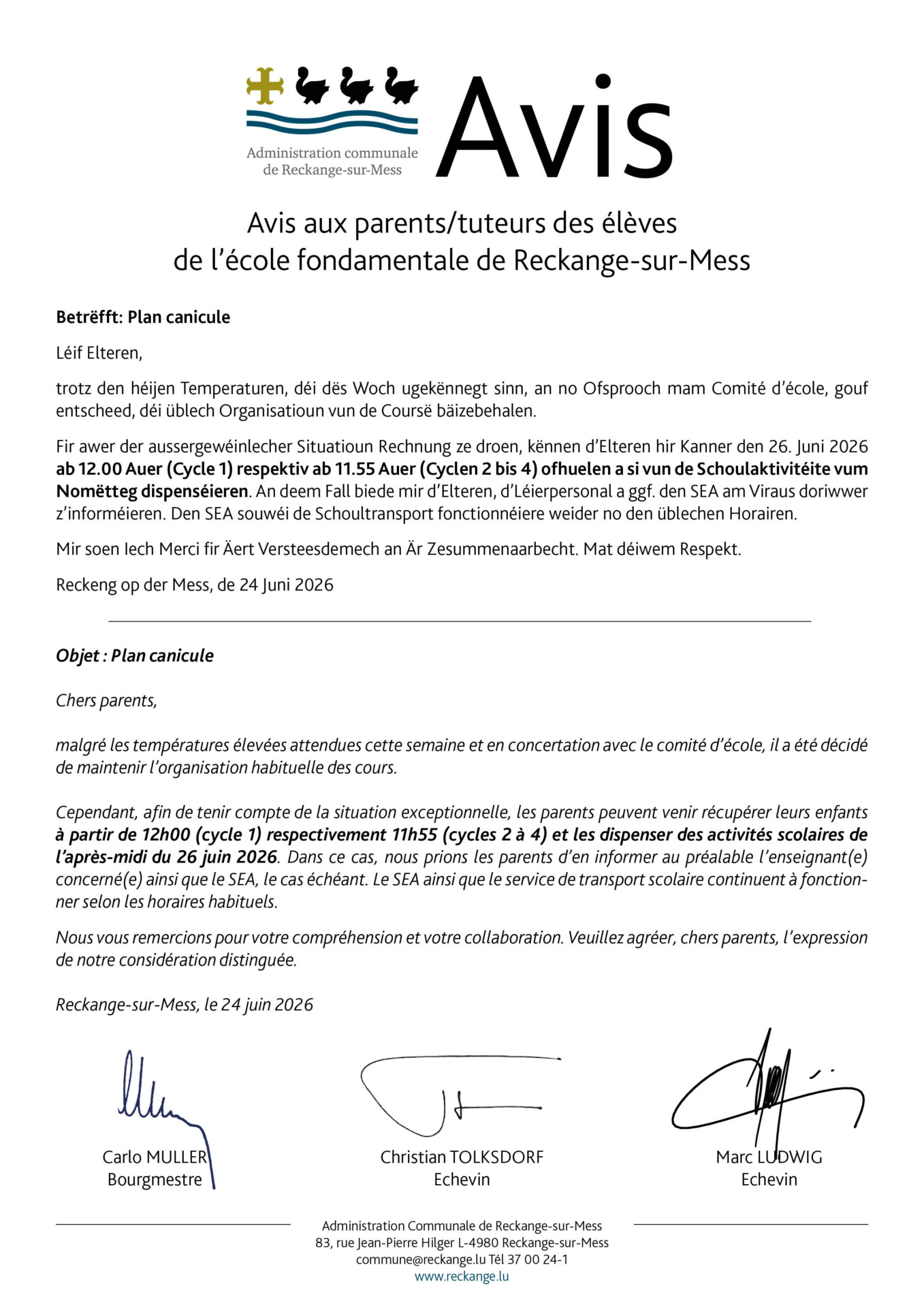 26.06.2026: Plan canicule - dispense de cours