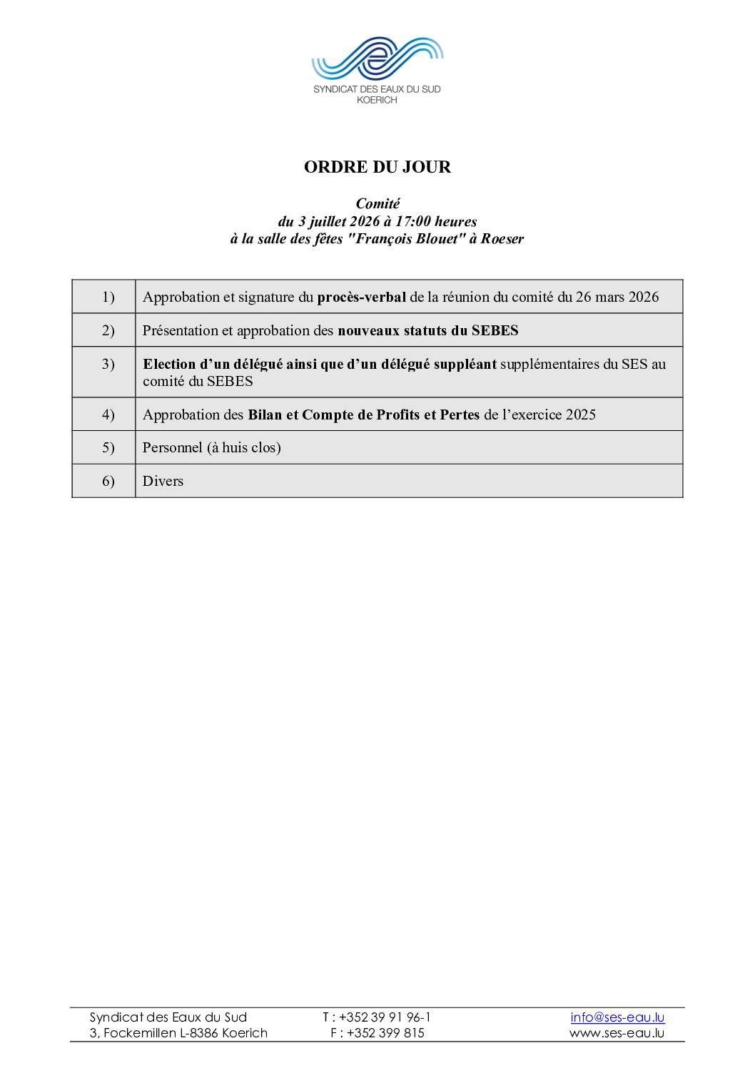 Convocation à la réunion du comité du SES (Syndicat des Eaux du Sud) – 03.07.2026