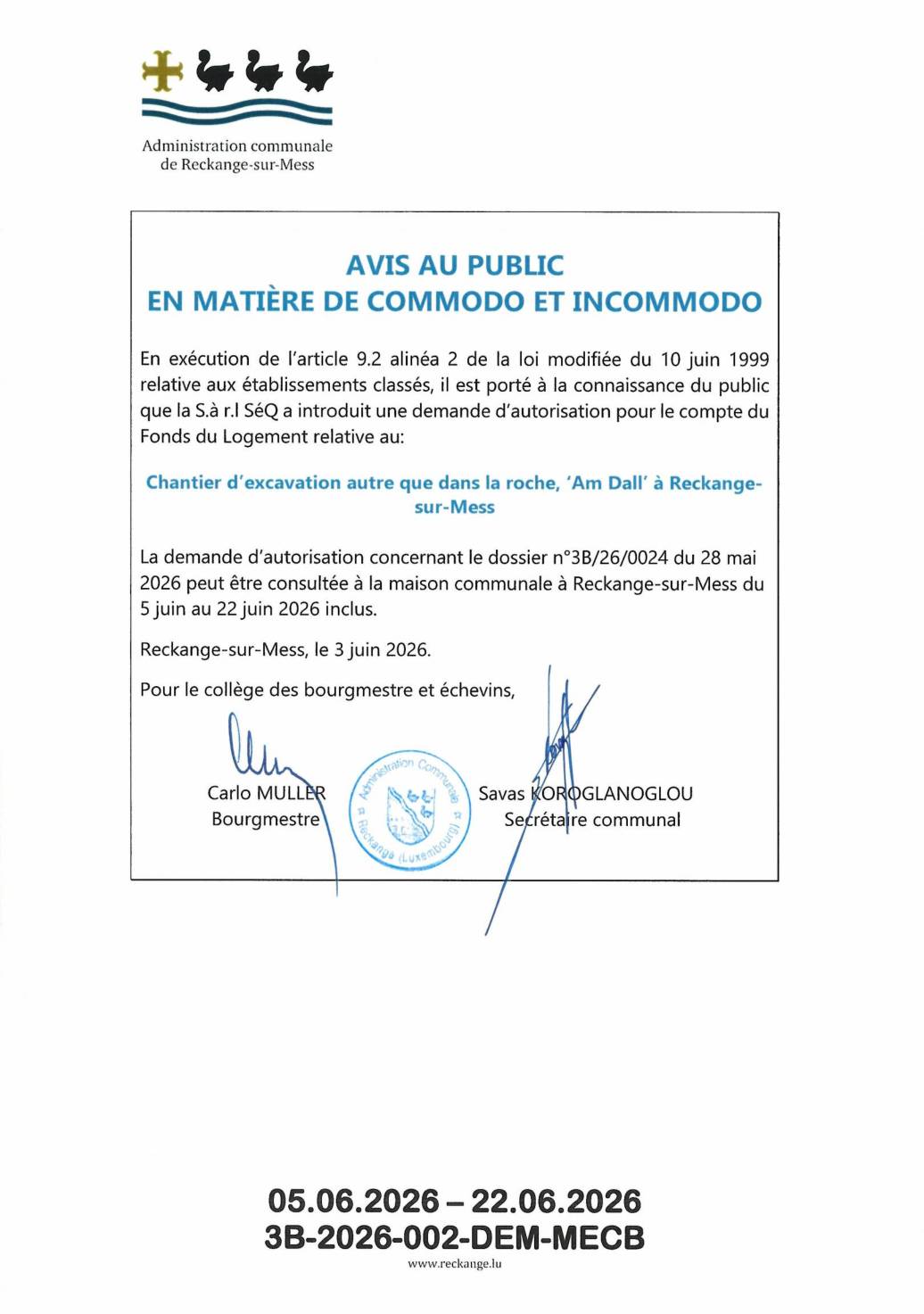 Demande d'autorisation: excavation, Am Dall à Reckange-sur-Mess