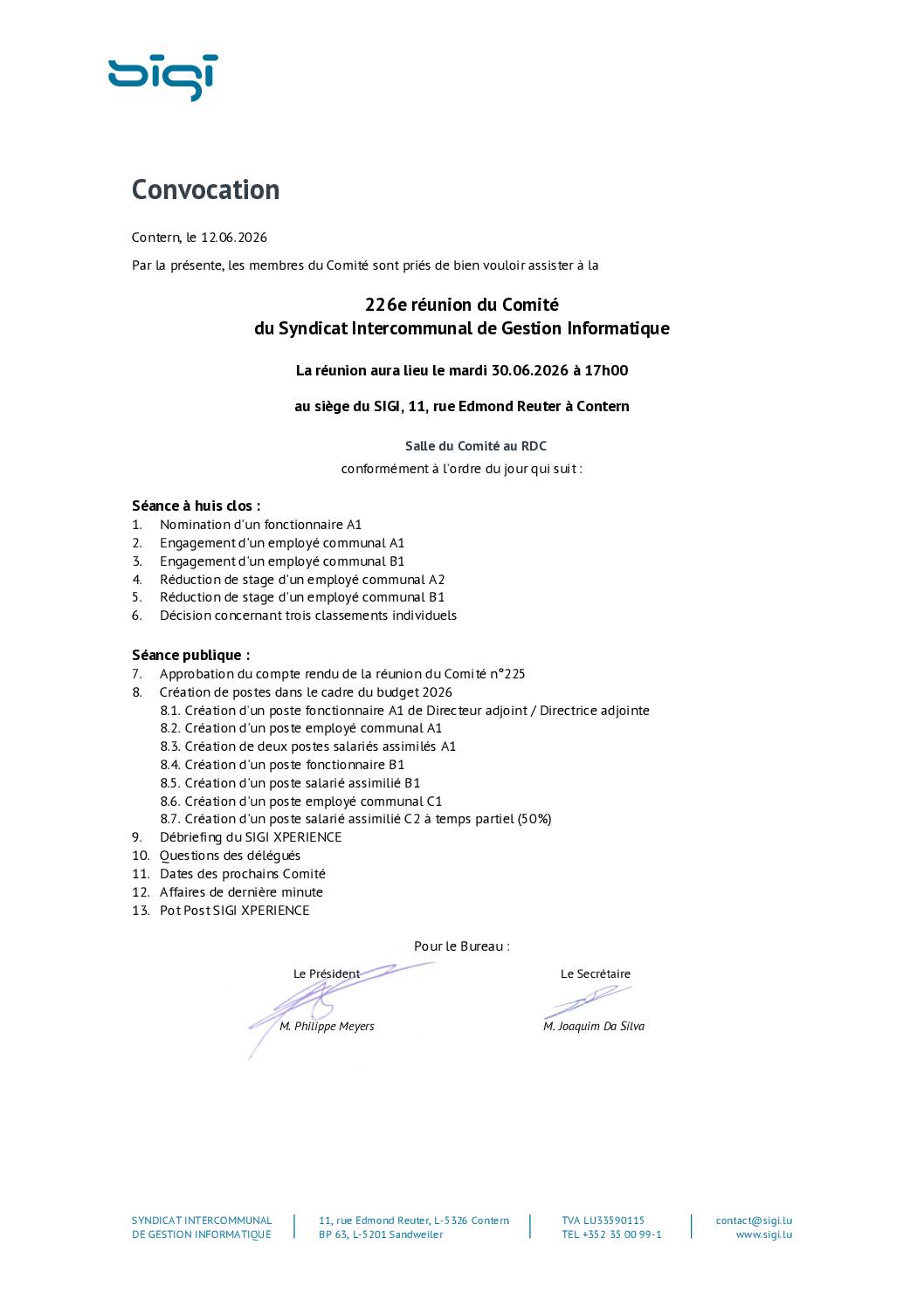 Convocation à la réunion du comité du SIGI – 30.06.2026