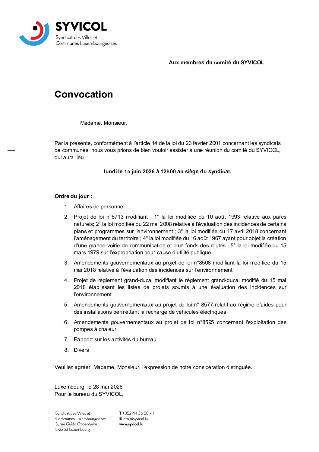 Convocation à la réunion du comité du SYVICOL - 15.06.2026