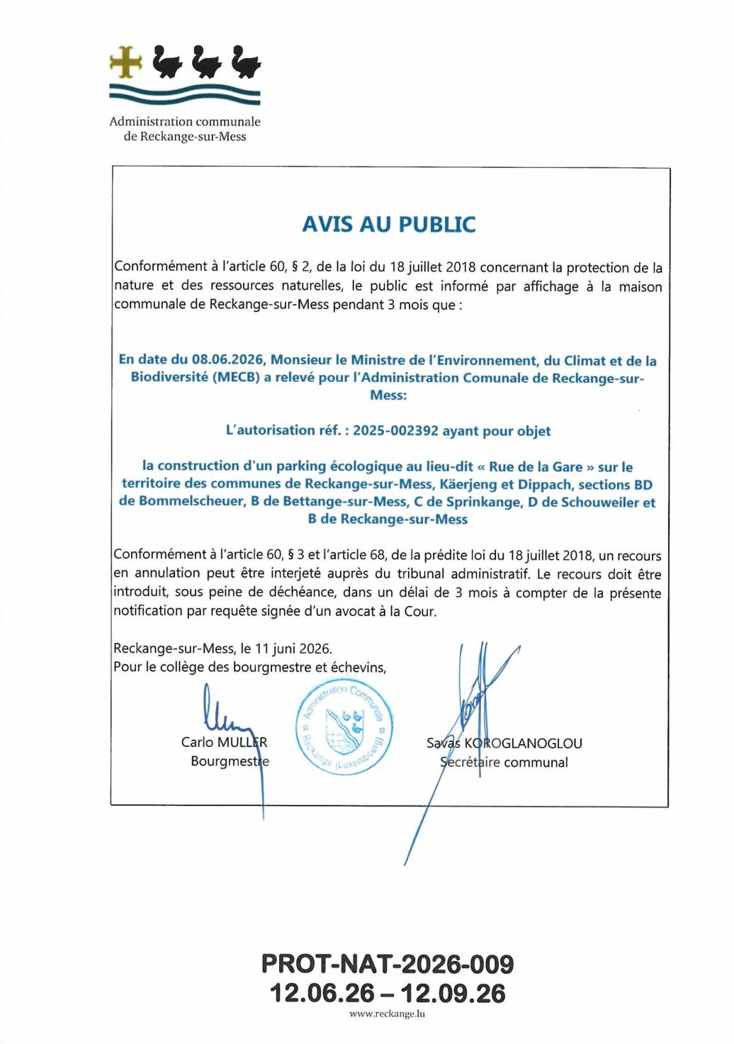 Autorisation: parking écologique au lieu-dit ''rue de la gare''