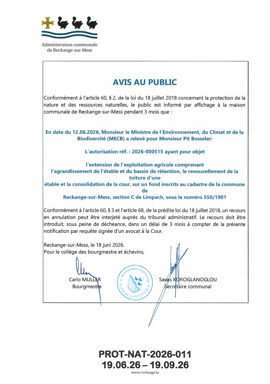 Autorisation: extension d’une exploitation agricole à Limpach