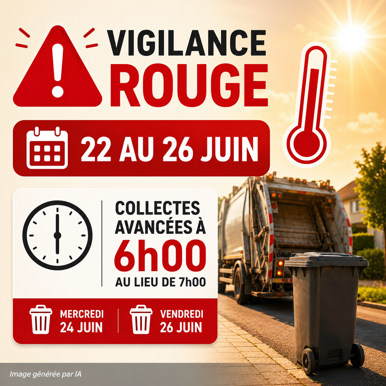Modification des horaires de collecte des déchets du 24 au 26 juin pour cause de canicule