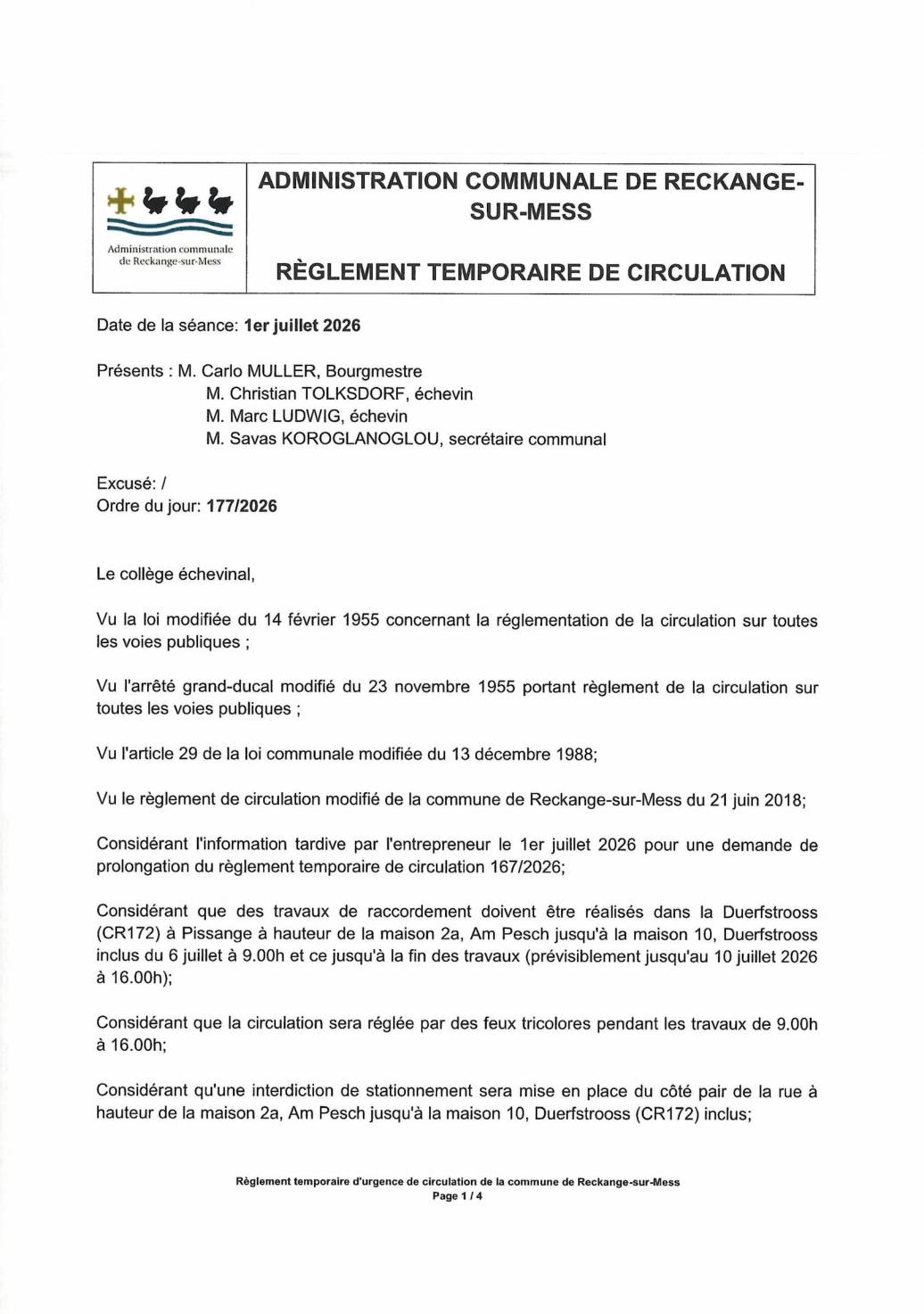 Règlement temporaire de la circulation: prolongation du règlement 167/2026 à Pissange