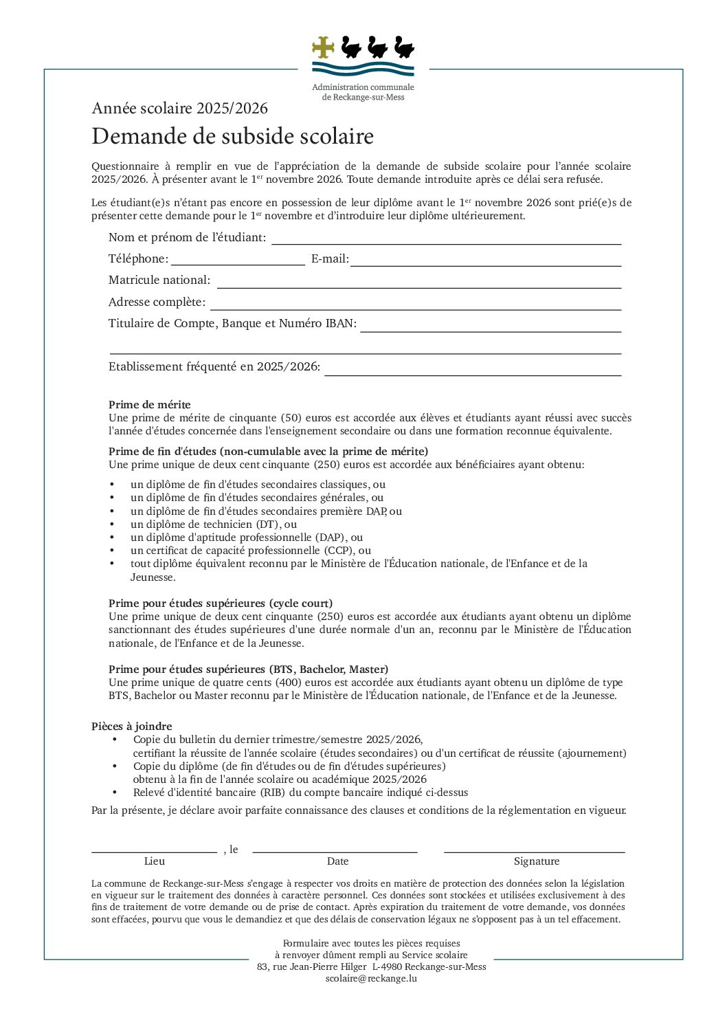 Formulaire - Demande de subside scolaire 2025/2026