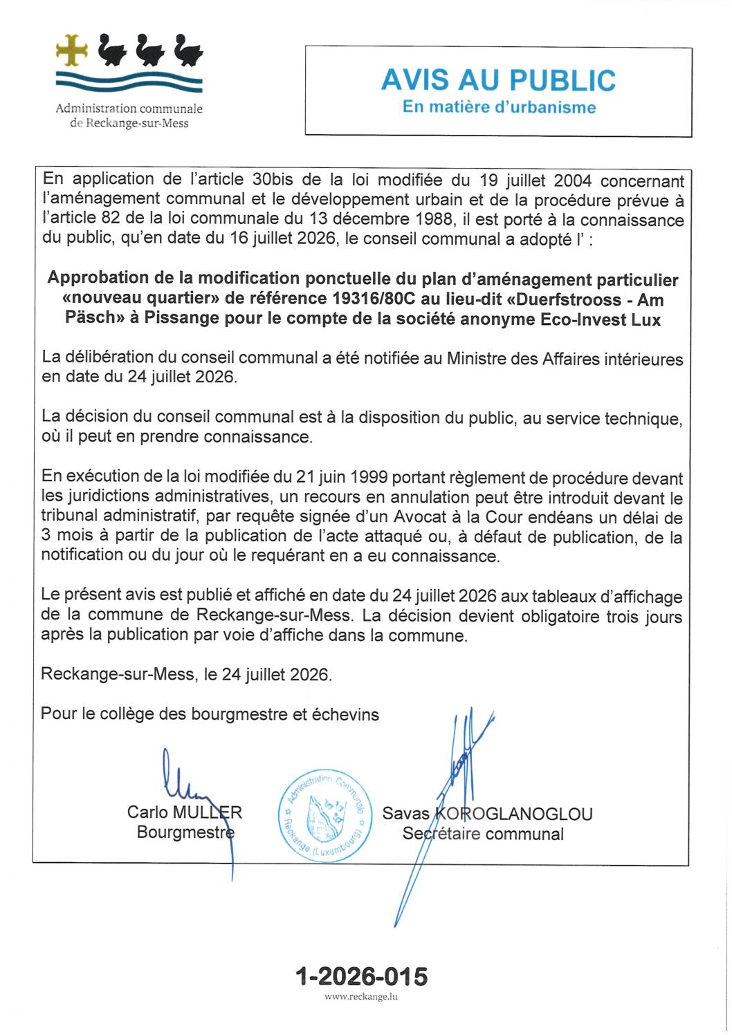 Avis au public 1-2026-015 - Approbation de la modification ponctuelle du plan d’aménagement particulier «nouveau quartier» de référence 19316/80C au lieu-dit «Duerfstrooss - Am Päsch» à Pissange pour le compte de la société anonyme Eco-Invest Lux