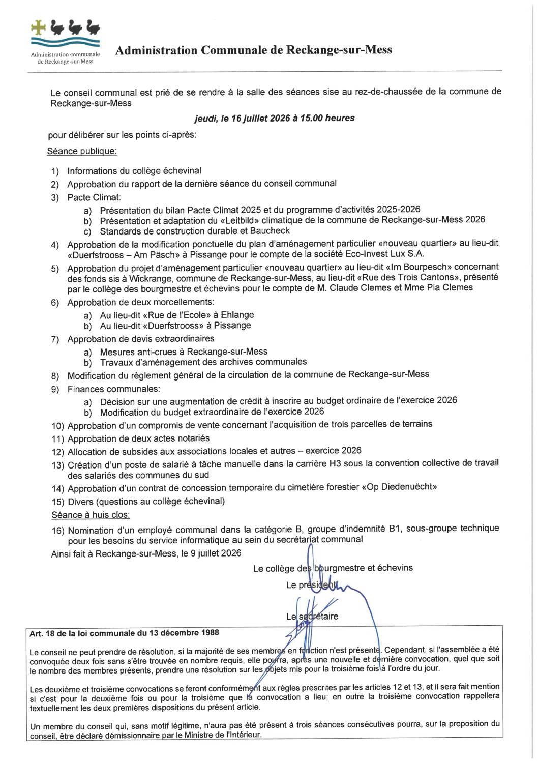 Convocation à la séance publique du conseil communal – 16.07.2026