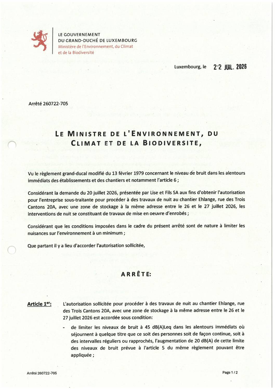 Arrêté 260722-705 - Travaux de nuit au chantier Ehlange, rue des Trois Cantons 20A