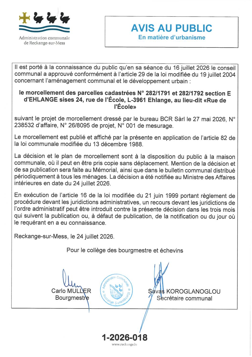 Avis au public 1-2026-018 - le morcellement des parcelles cadastrées N° 282/1791 et 282/1792 section E d'EHLANGE sises 24, rue de l’École, L-3961 Ehlange, au lieu-dit «Rue de l'École»