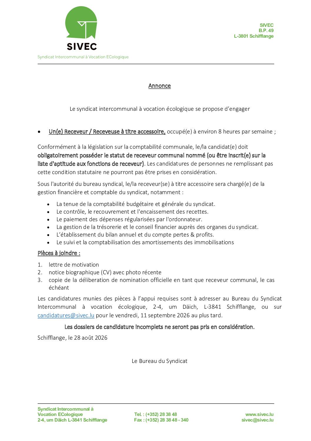 SIVEC - Engagement d'un(e) Receveur / Receveuse à titre accessoire