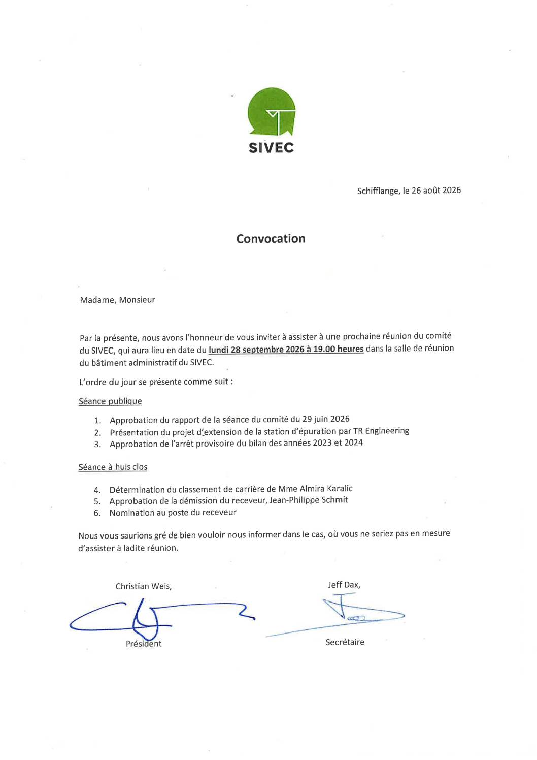 Convocation à la prochaine réunion du comité du SIVEC - 28.09.2026