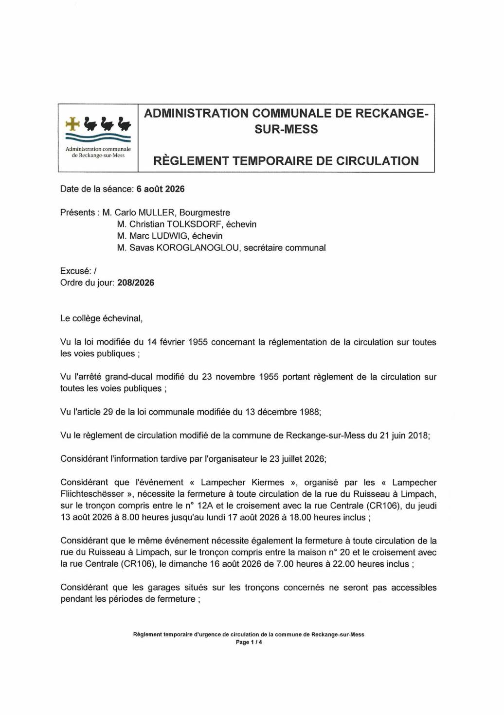 Règlement temporaire de la circulation: Lampecher Kiermes