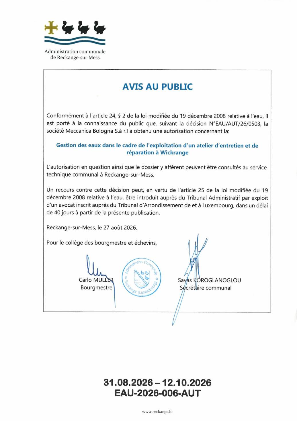 Autorisation: gestion des eaux dans le cadre de l'exploitation d'un atelier d'entretien