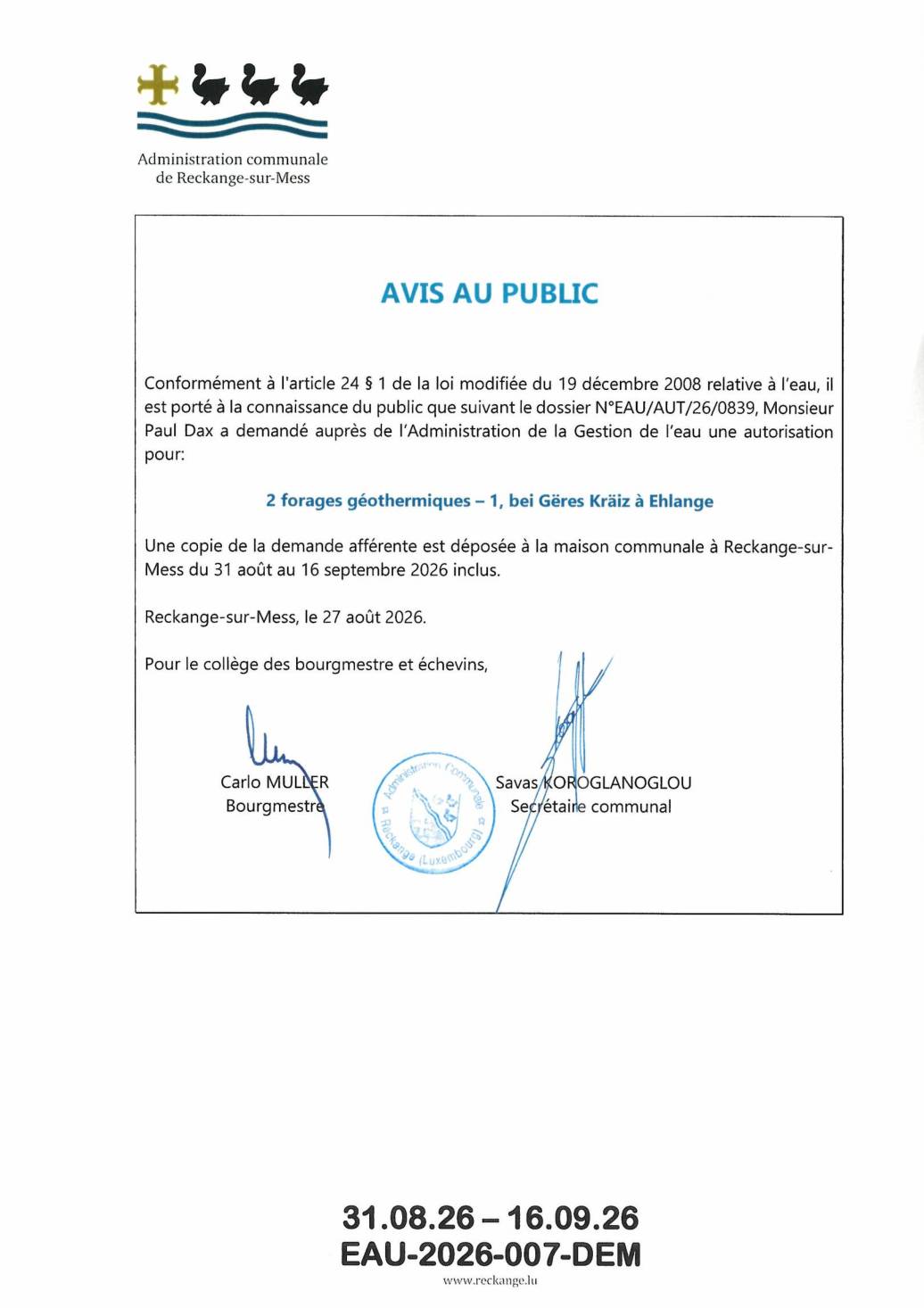 Demande d'autorisation: 2 forages géothermiques