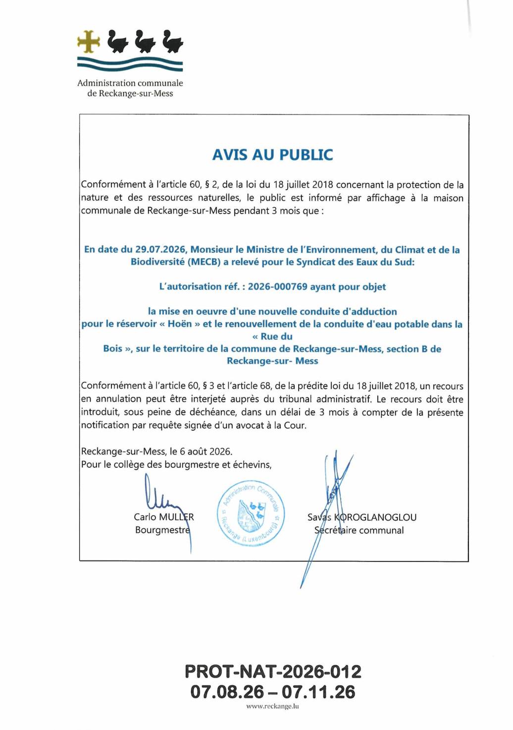 Autorisation: Réservoir Hoën