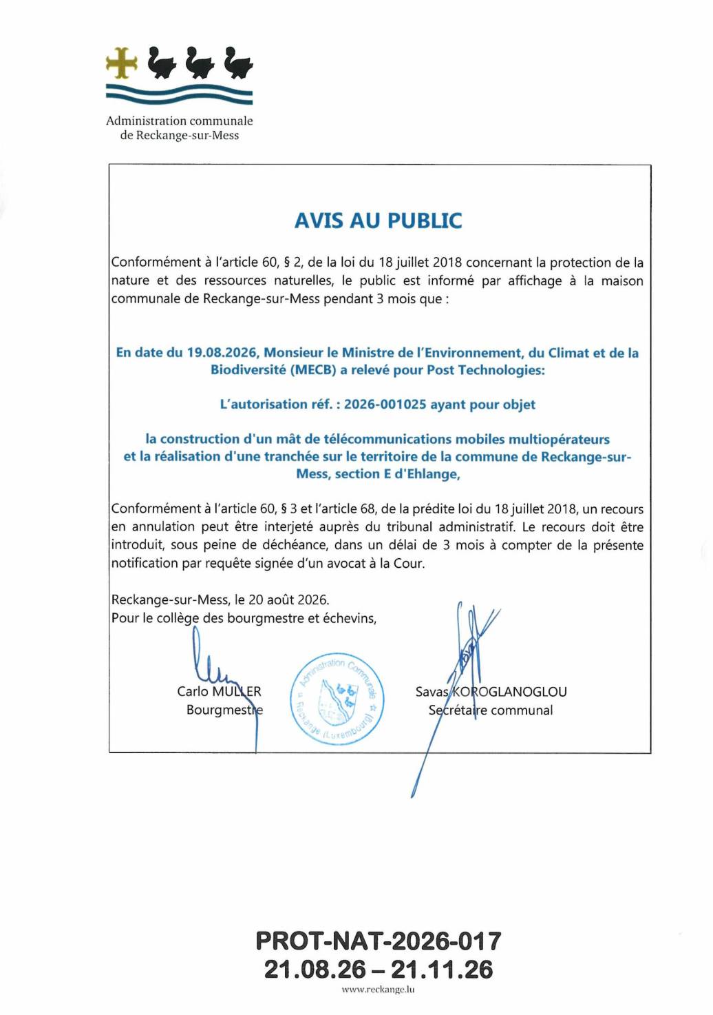 Autorisation: construction d'un mât de télécommunications