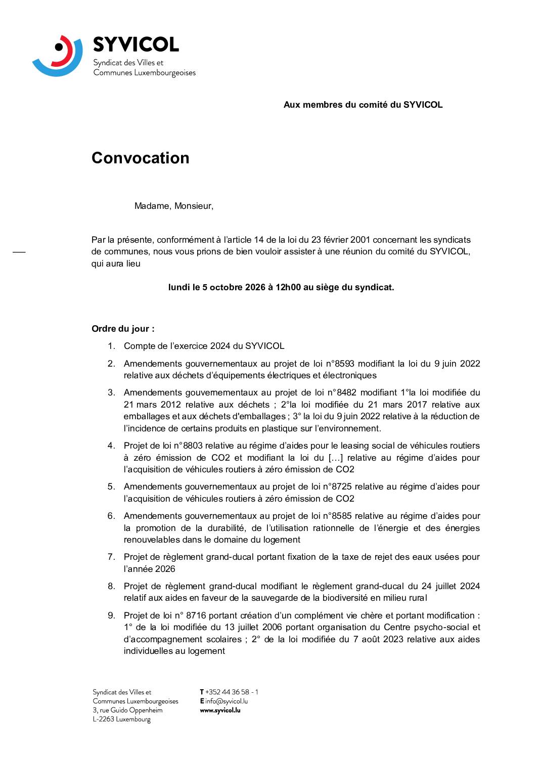 Convocation à la réunion du comité du SYVICOL – 05.10.2026