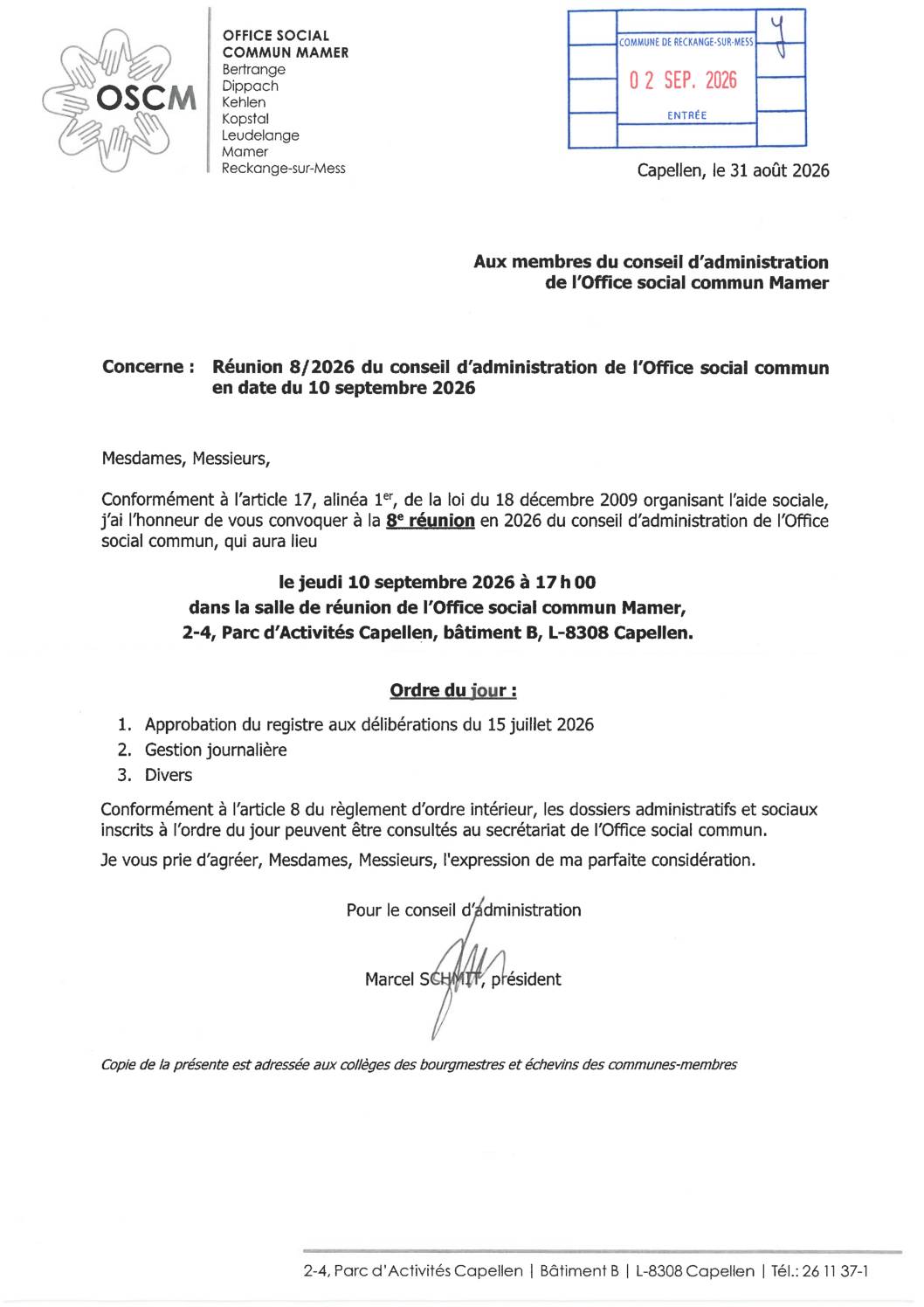 Convocation à la réunion du conseil d'administration de l'OSCM - 10.09.2026