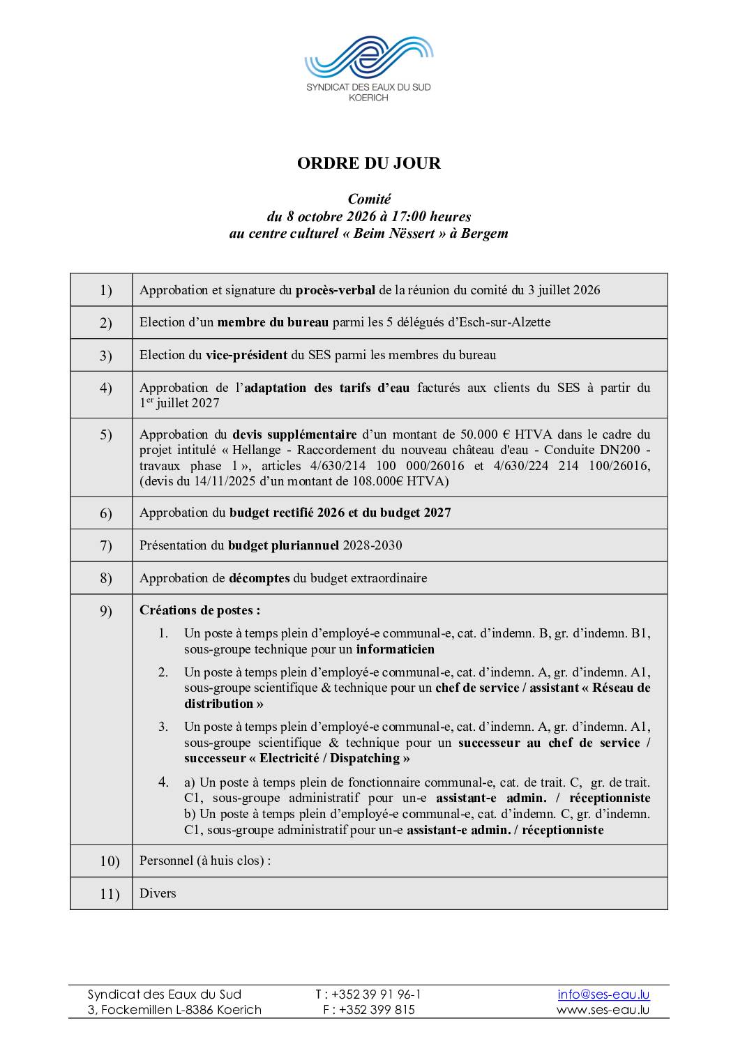 Convocation à la réunion du comité du SES (Syndicat des Eaux du Sud) – 08.10.2026