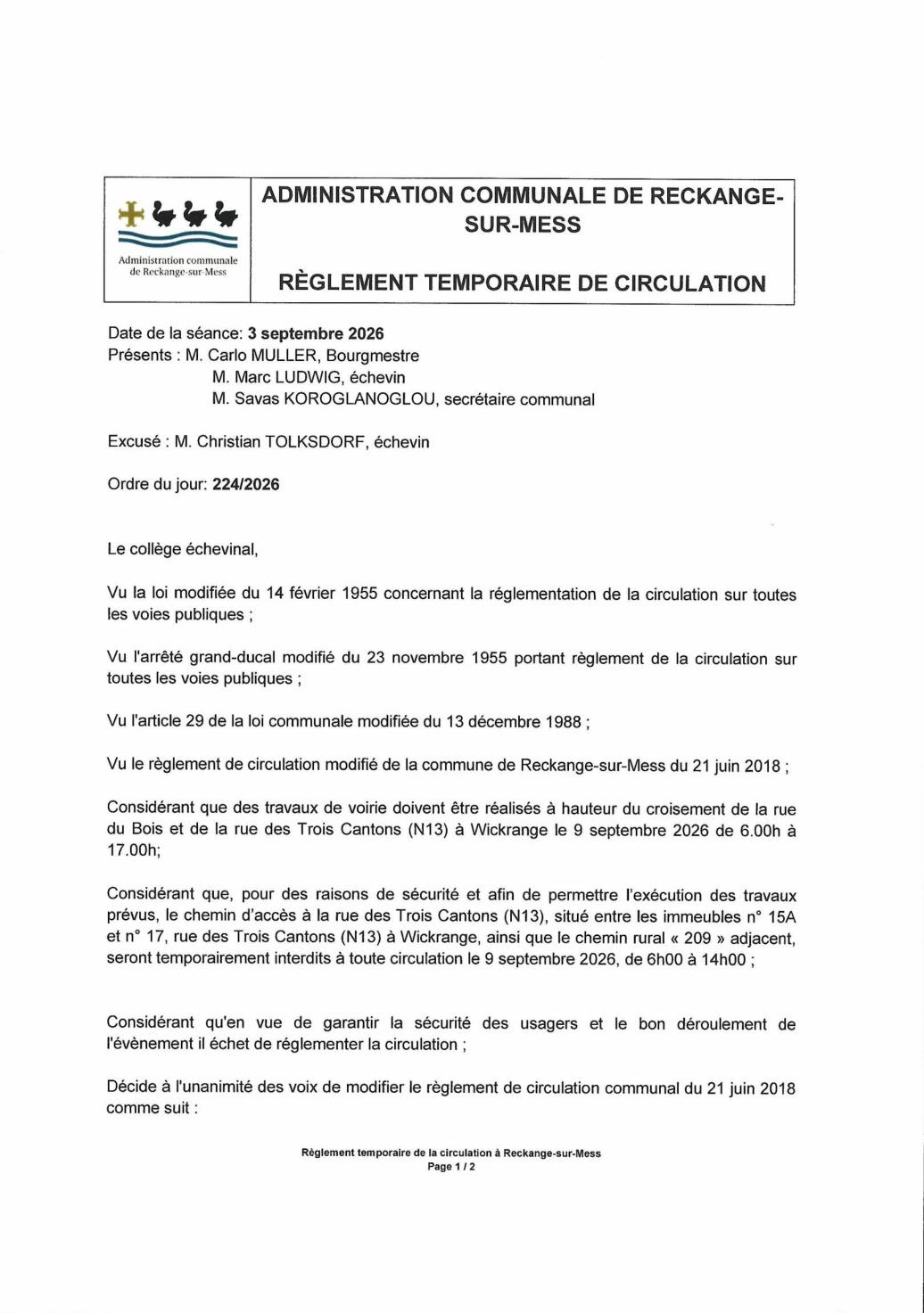 Règlement temporaire de circulation: travaux de voirie à Wickrange