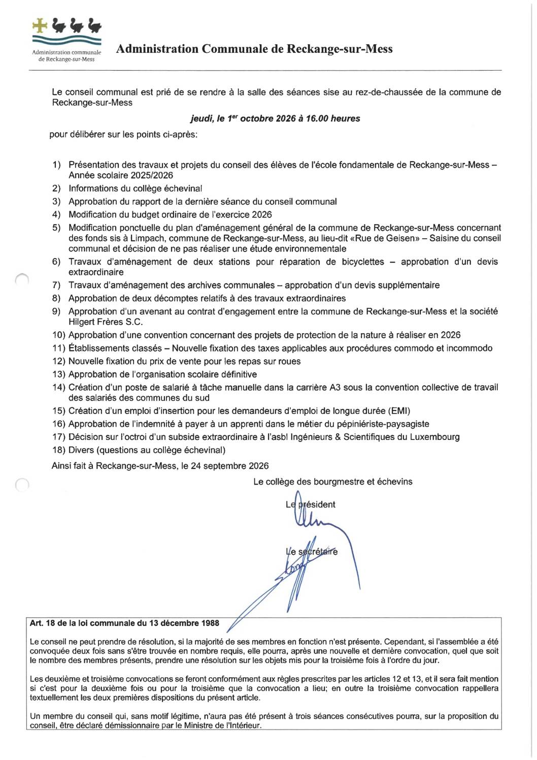 Convocation à la séance publique du conseil communal – 01.10.2026