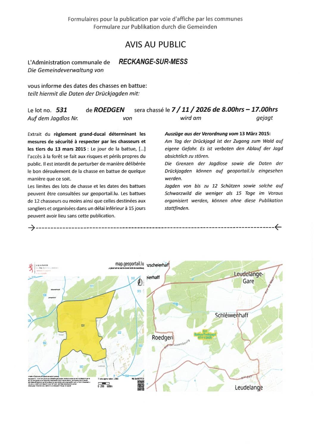 Avis au public – Chasses en battue à Roedgen - Lot 531