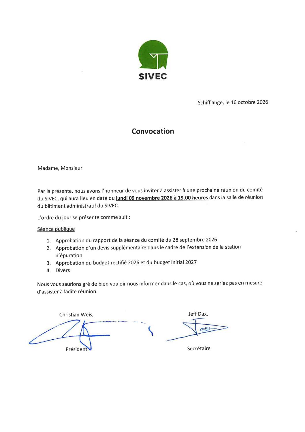 Réunion du comité du SIVEC – 09.11.2026