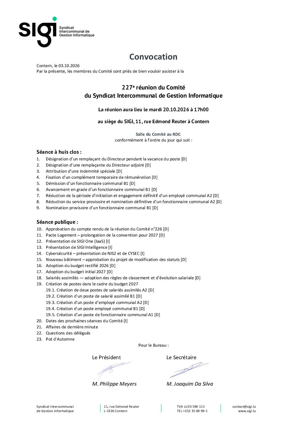 Convocation à la réunion du comité du SIGI – 20.10.2026