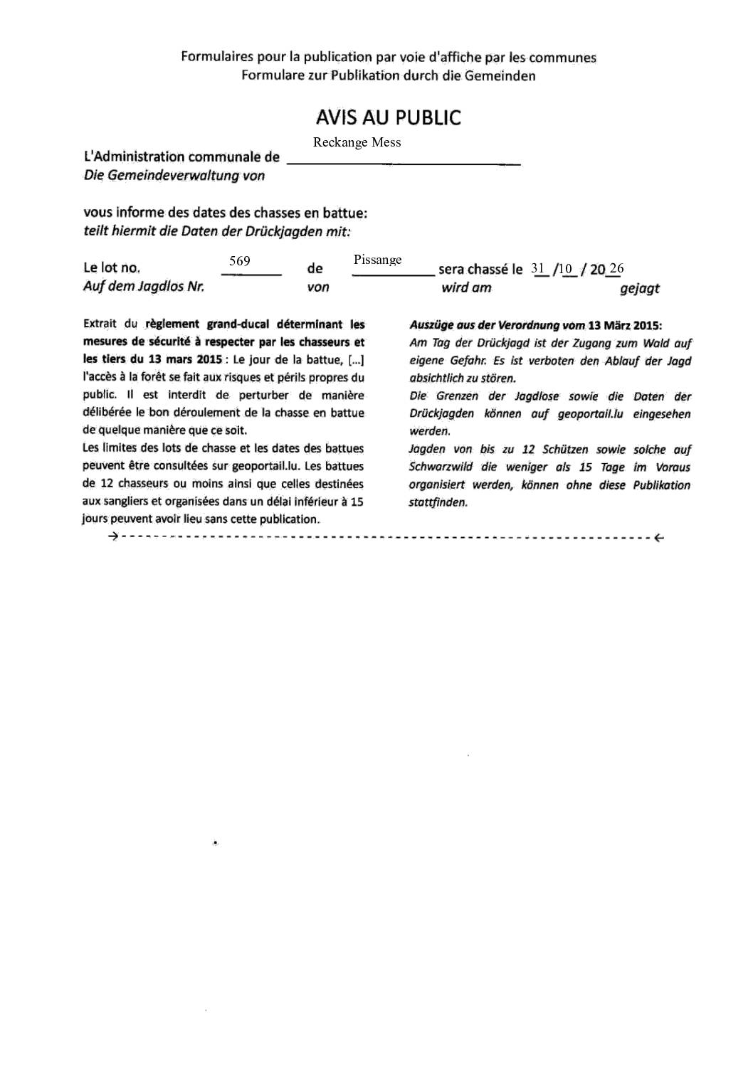 Avis au public – Chasses en battue de Pissange – Lot 569