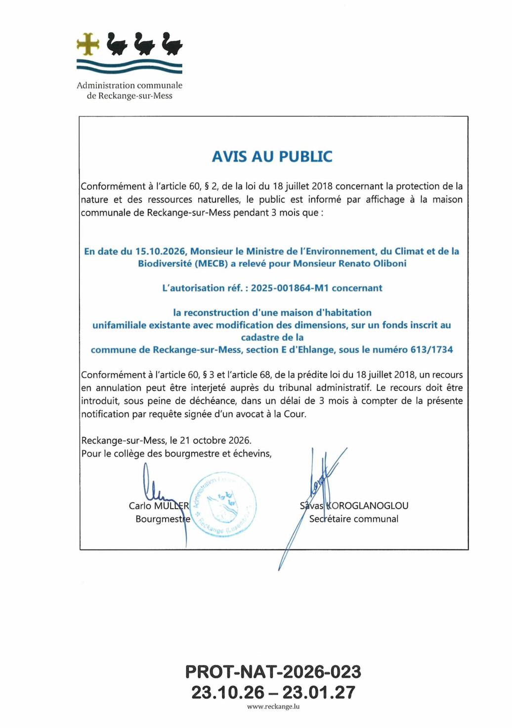 Autorisation: reconstruction d'une maison d'habitation à Ehlange