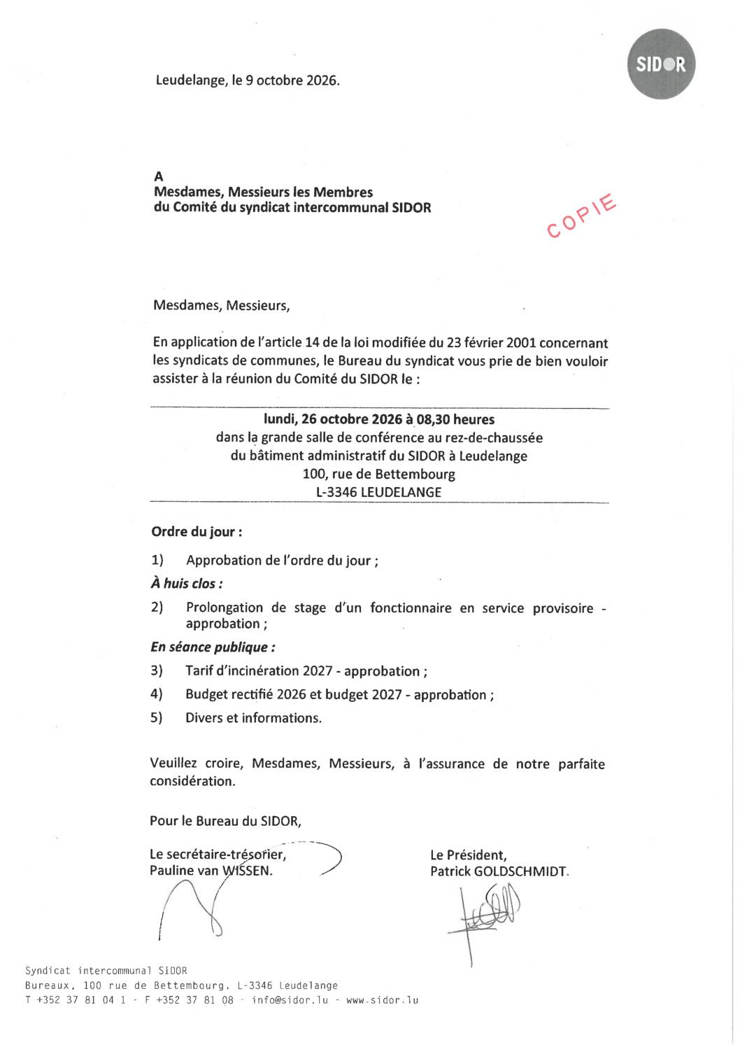 Convocation à la réunion du comité du SIDOR – 26.10.2026
