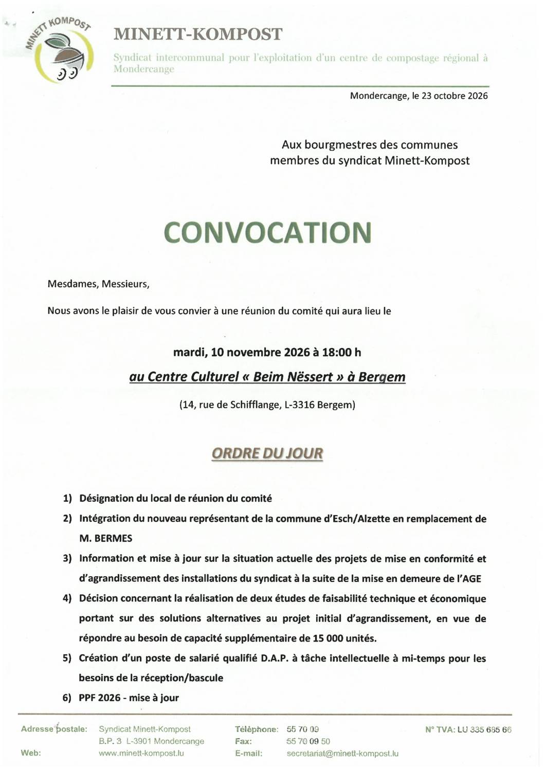 Convocation à la réunion du comité du Minett-Kompost – 10.11.2026
