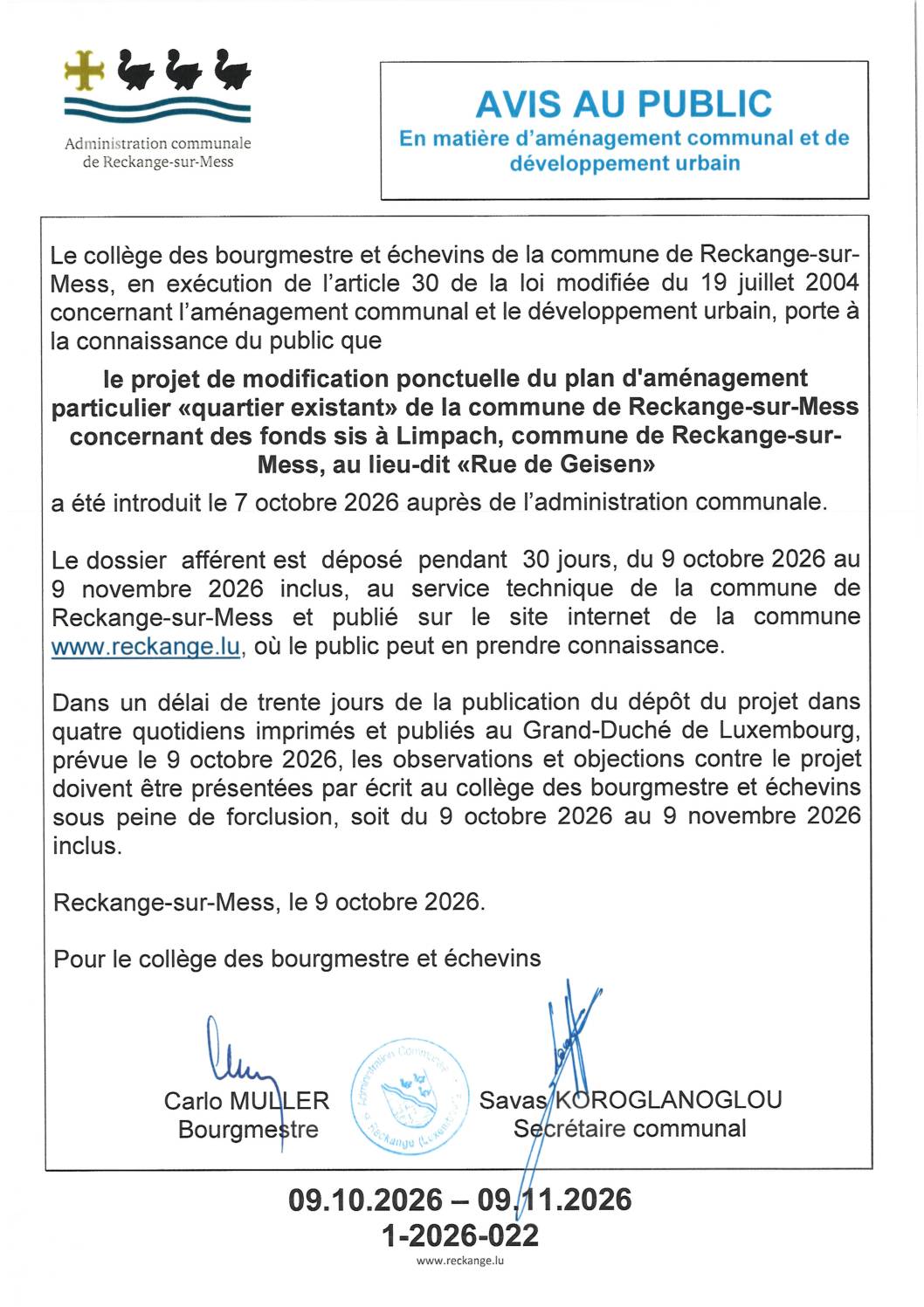 Avis au public 01-2026-022 - Modification ponctuelle du plan d'aménagement particulier «quartier existant» de la commune de Reckange-sur-Mess concernant des fonds sis à Limpach, commune de Reckange-sur-Mess, au lieu-dit «Rue de Geisen»