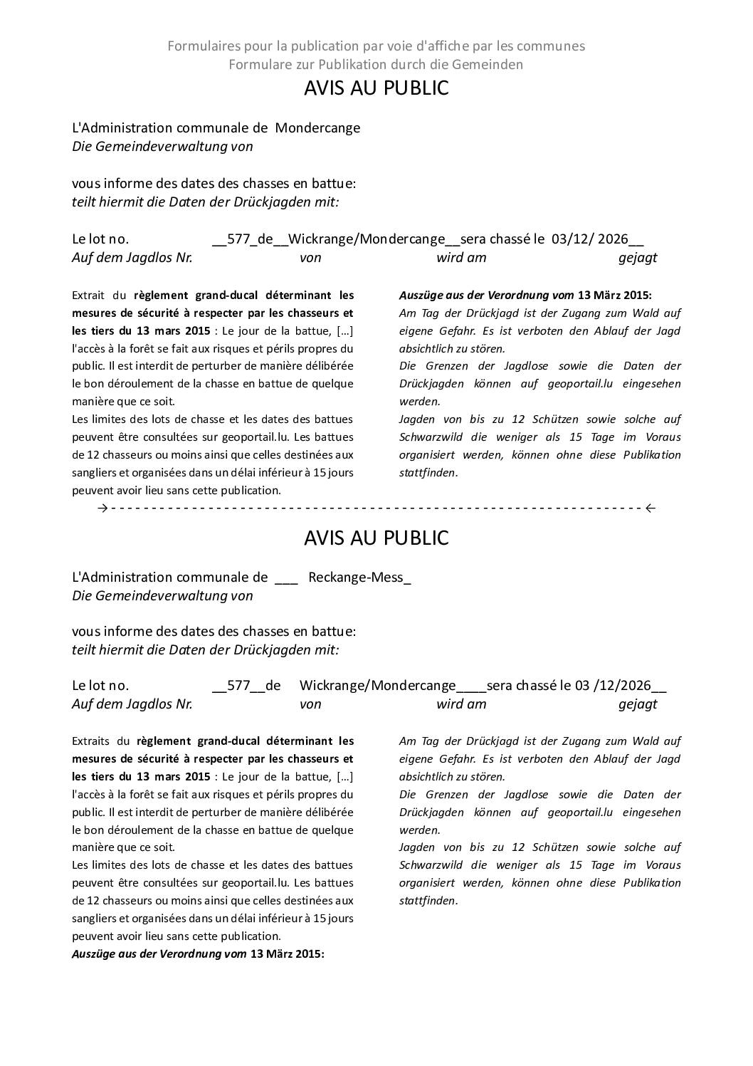 Avis au public – Chasses en battue de Wickrange/Mondercange – Lot 577